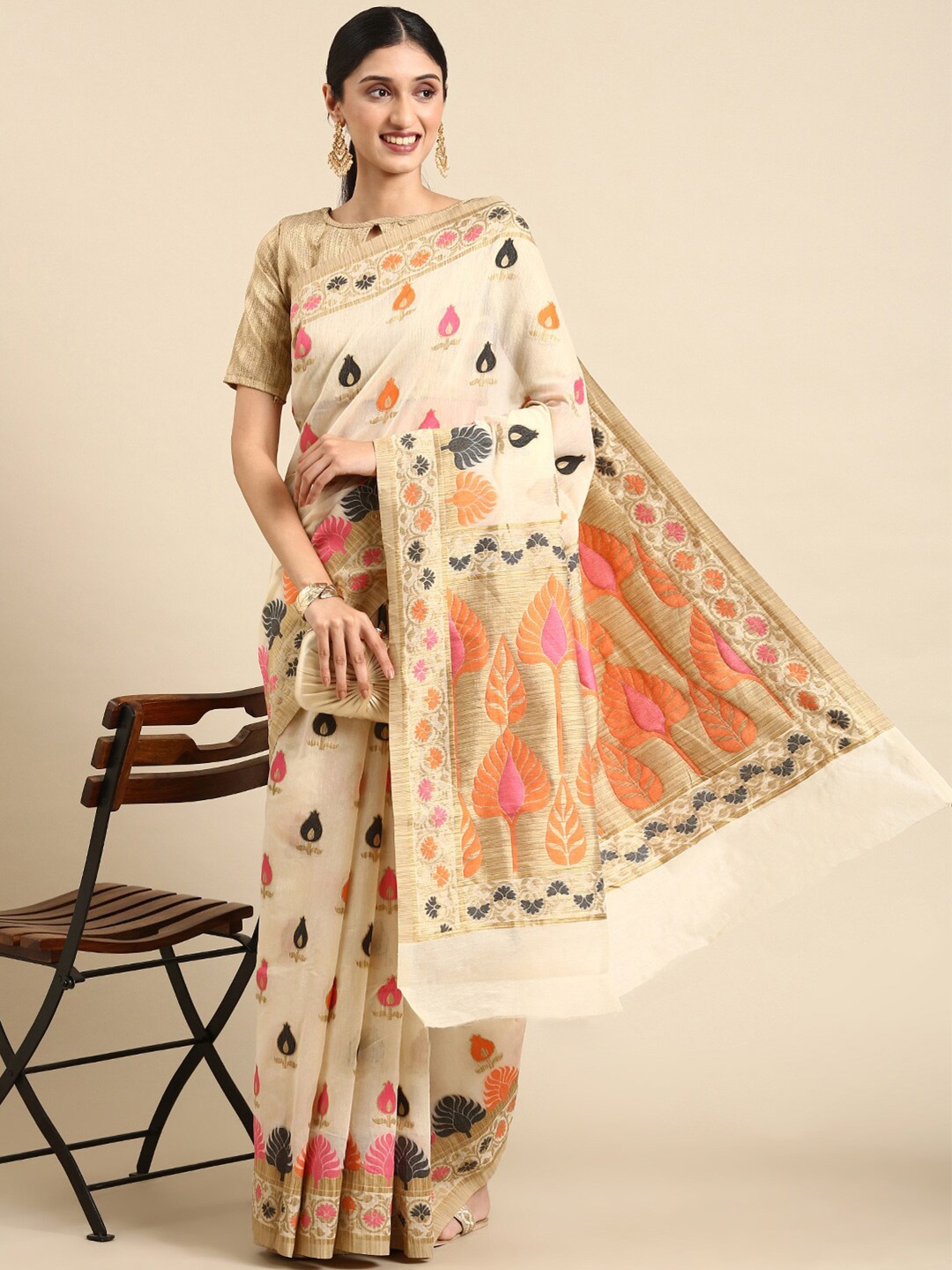 

KALINI Ethnic Motifs Woven Design Silk Cotton Saree, Beige