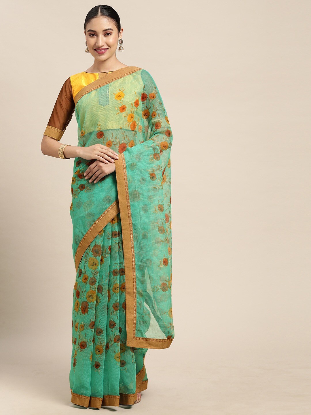 

KALINI Green & Brown Floral Printed Net Saree