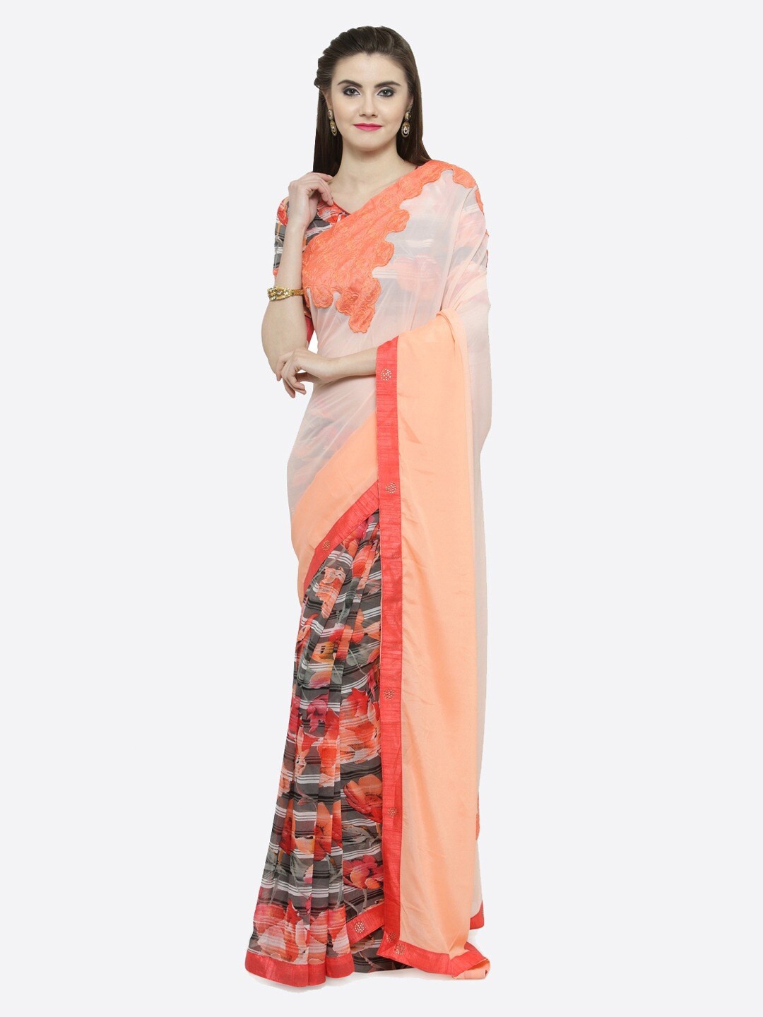 

KALINI Floral Printed Half & Half Saree, Orange