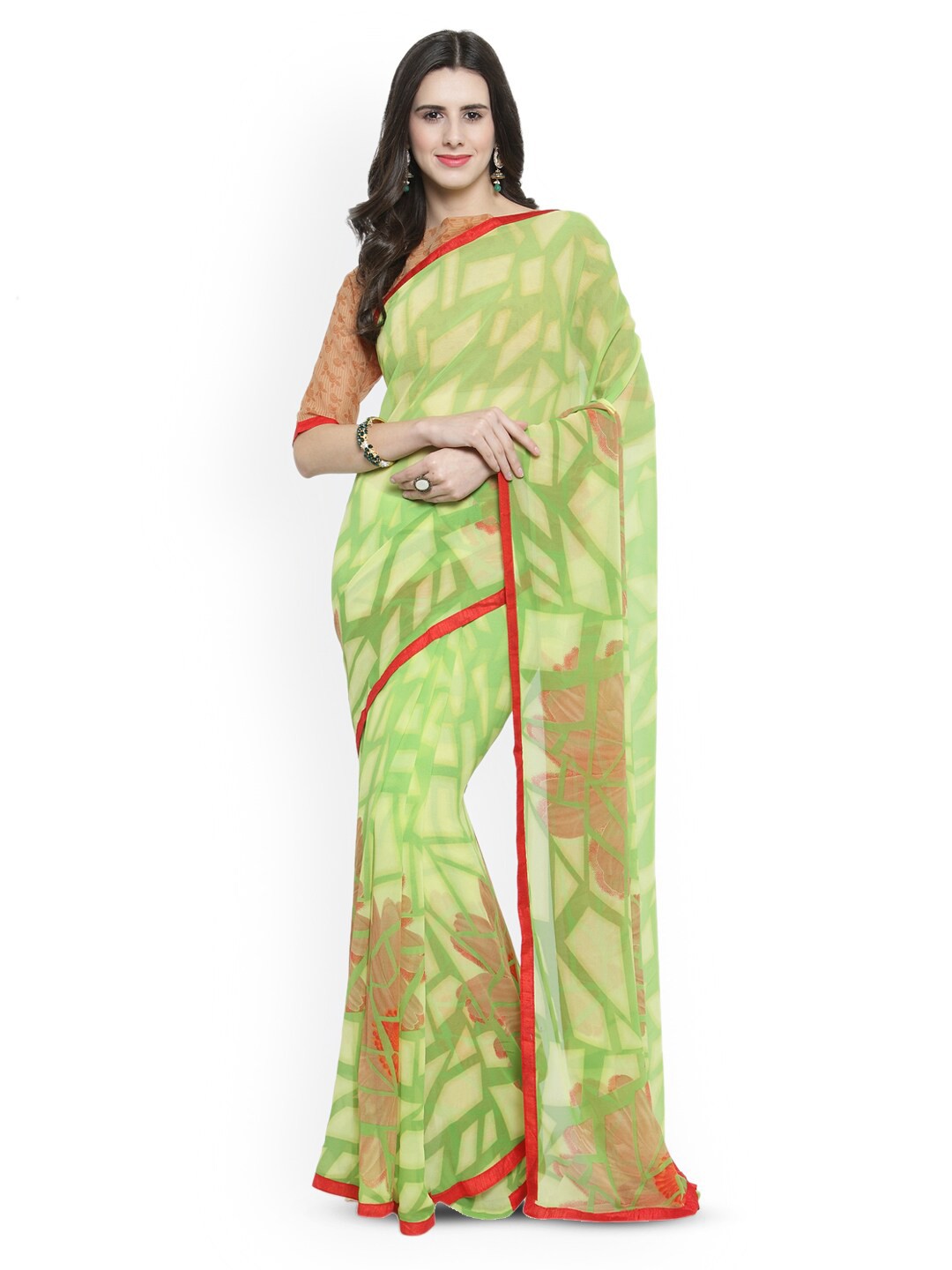 

KALINI Geometric Printed Poly Georgette Saree, Green