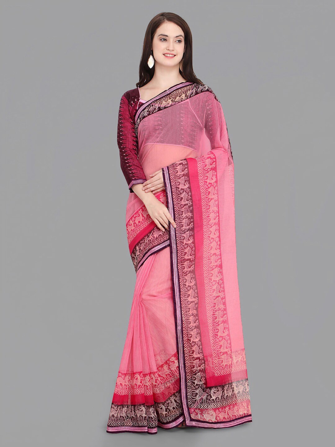 

KALINI Embroidered Border Net Saree, Pink