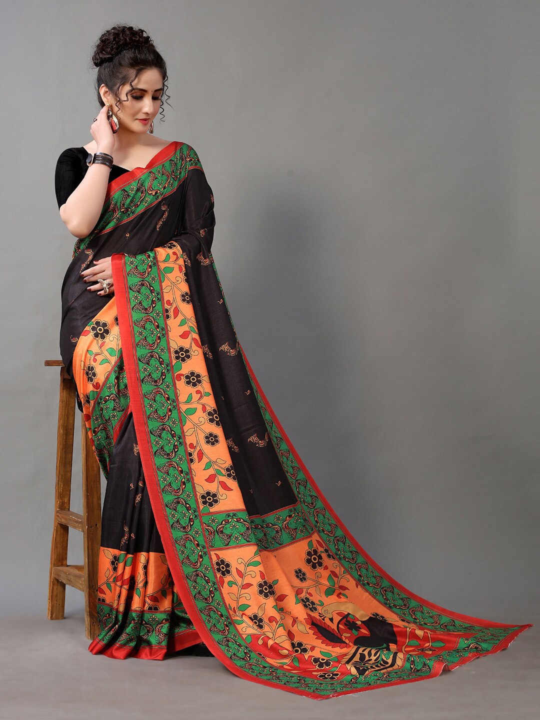 

KALINI Floral Printed Poly Georgette Saree, Black