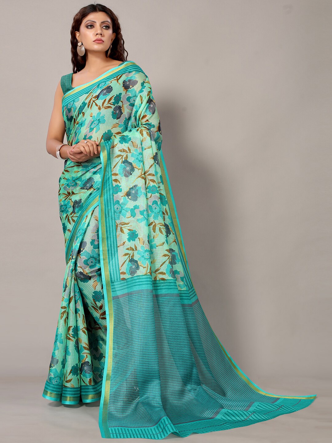 

KALINI Floral Printed Zari Silk Cotton Saree, Sea green