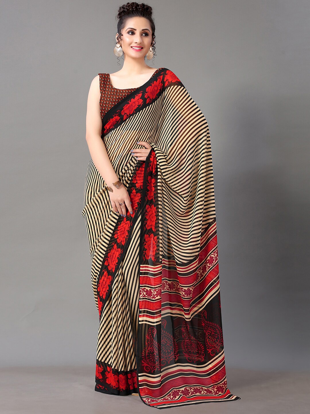 

KALINI Striped Poly Georgette Saree, Black