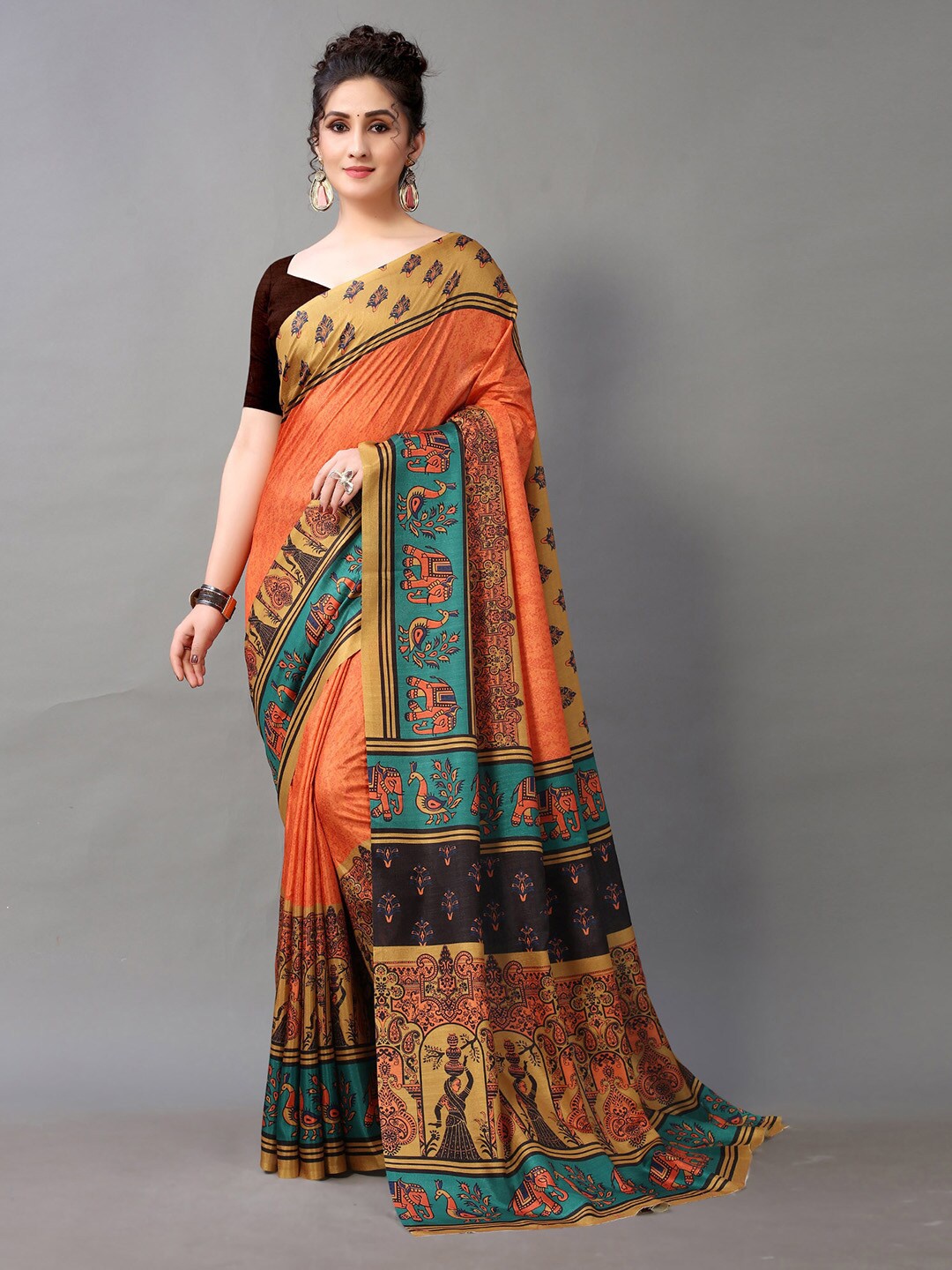 

KALINI Ethnic Motifs Printed Poly Georgette Saree, Rust