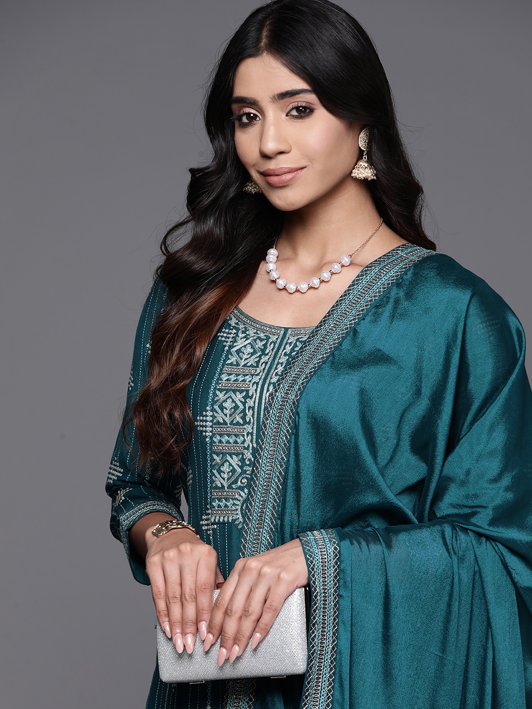 

Libas Geometric Printed Zari Regular Kurta with Trousers & Dupatta, Teal