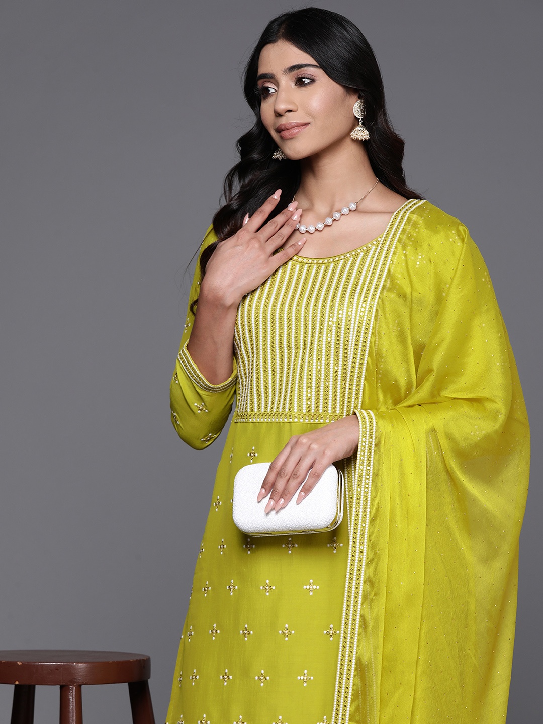 

Libas Embroidered Regular Sequinned Kurta with Trousers & Dupatta, Green