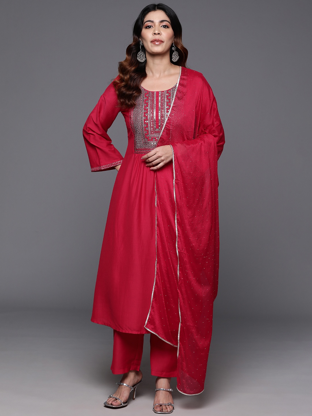 

Libas Ethnic Motifs Yoke Design Pleated Sequinned Kurta with Trousers & Dupatta, Pink