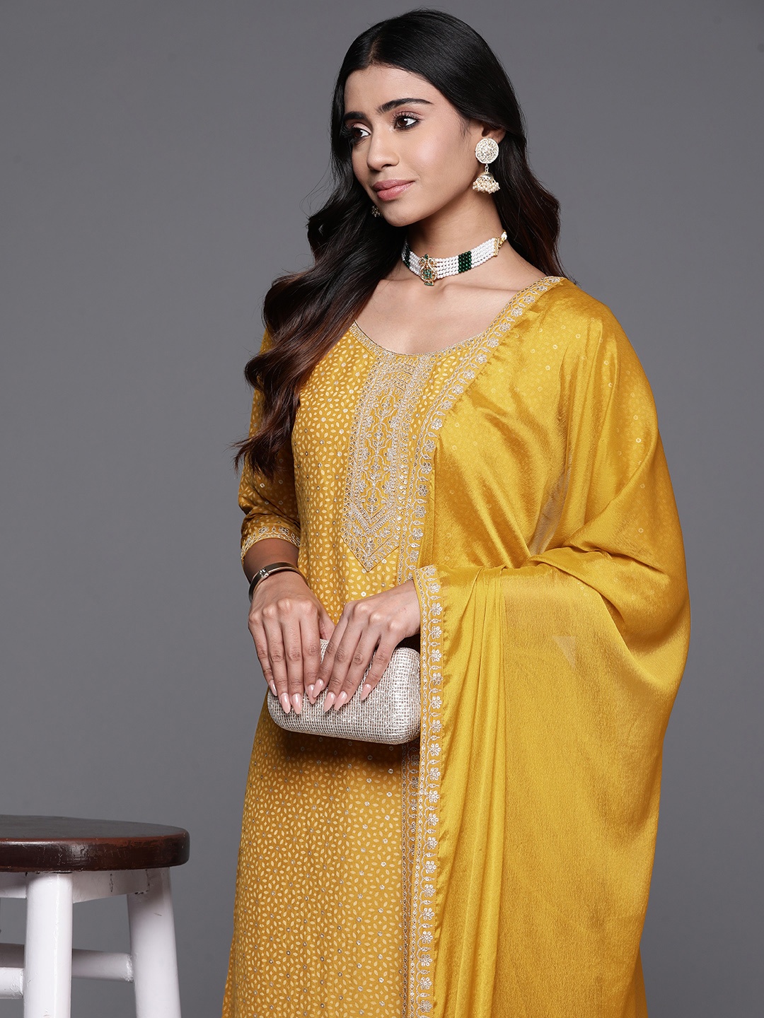 

Libas Women Floral Yoke Design Regular Kurta with Trousers & With Dupatta, Mustard
