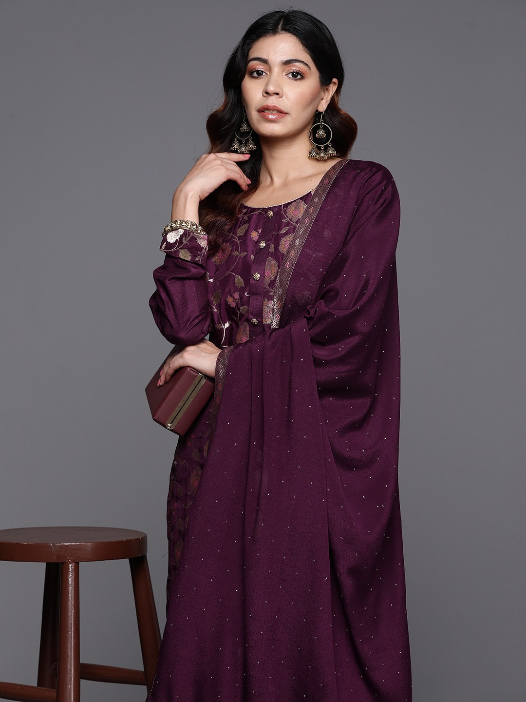 

Libas Women Floral Regular Kurta with Trousers & With Dupatta, Burgundy