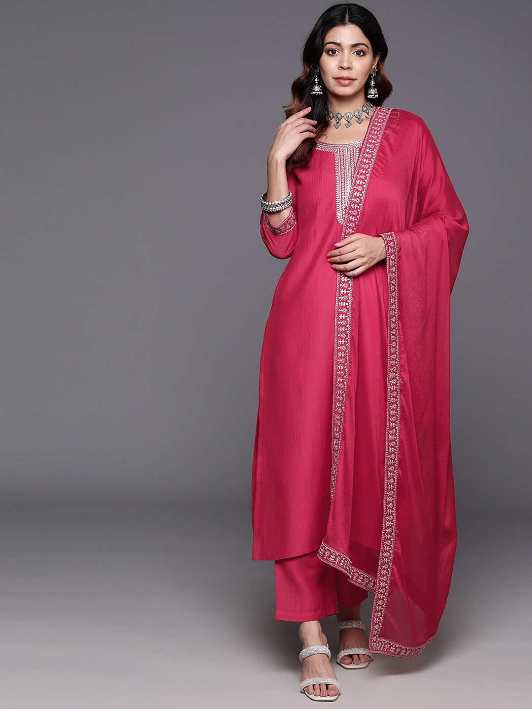 

Libas Women Floral Yoke Design Regular Sequinned Kurta with Trousers & With Dupatta, Pink