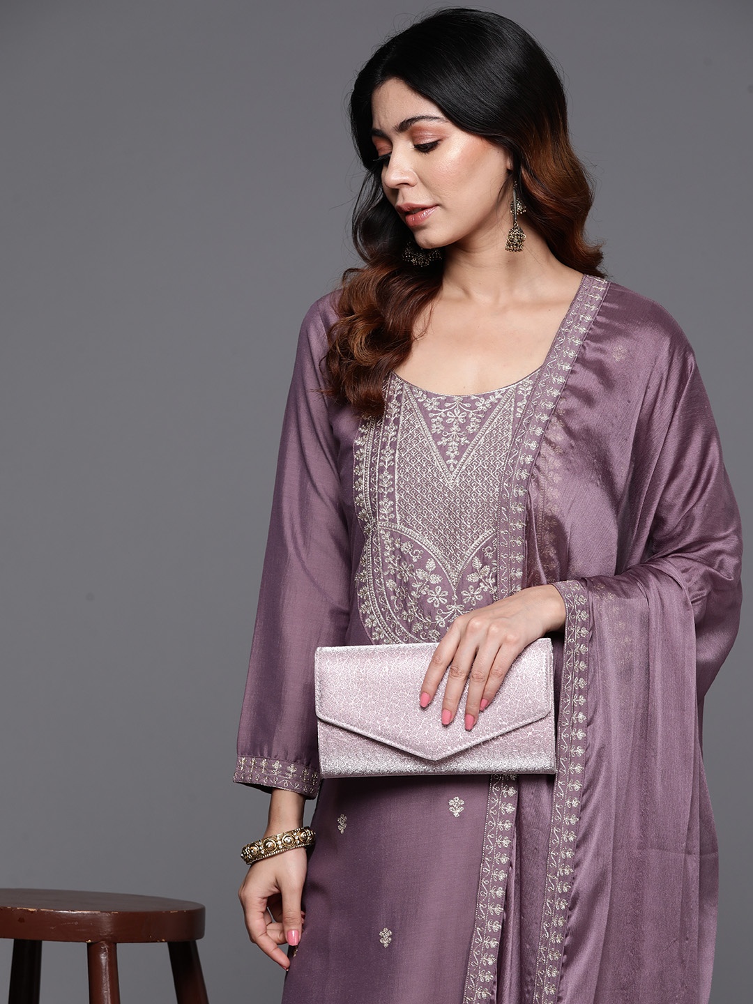 

Libas Women Floral Yoke Design Regular Kurta with Trousers & With Dupatta, Mauve