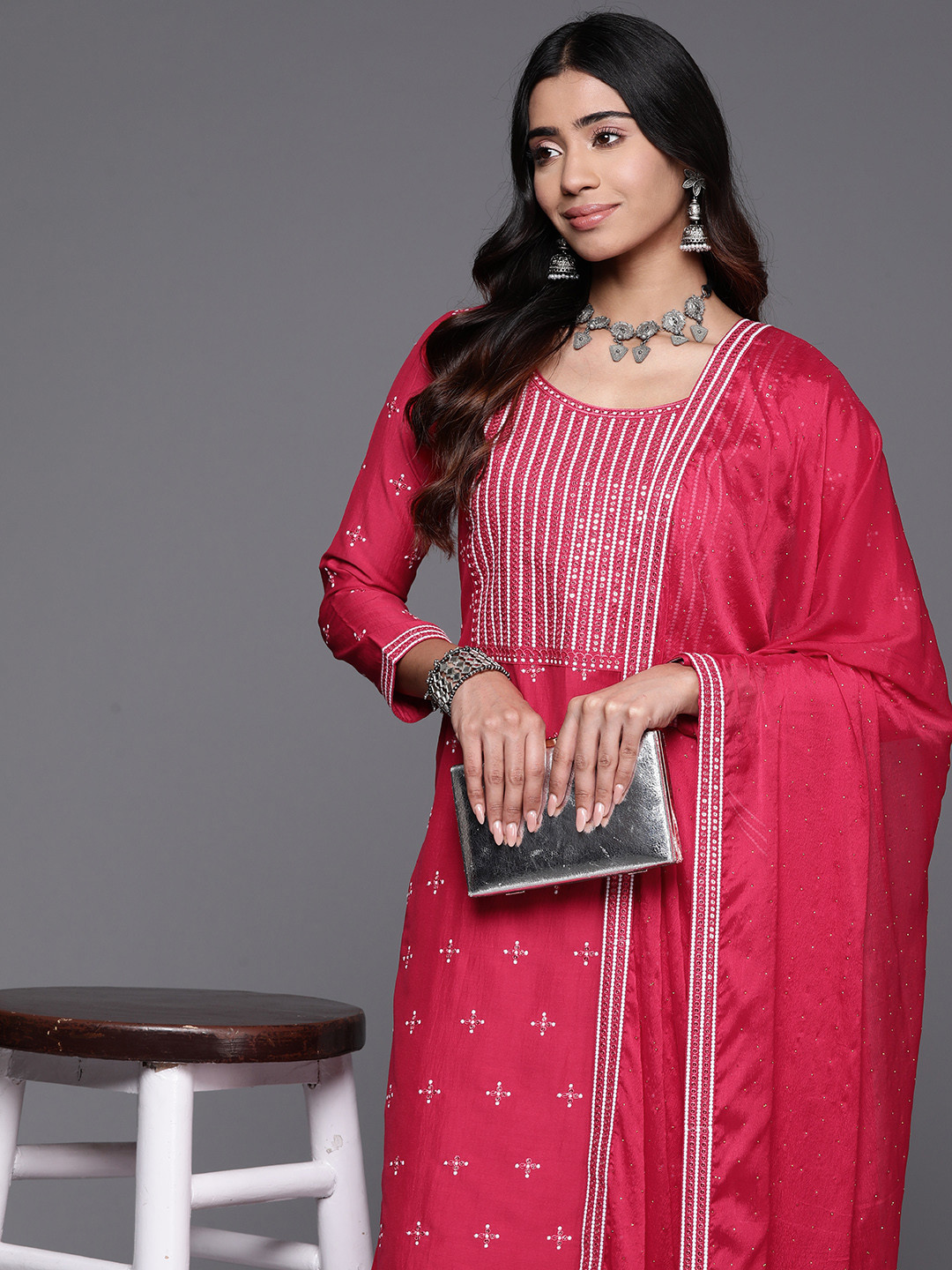 

Libas Women Embroidered Regular Sequinned Kurta with Trousers & With Dupatta, Pink