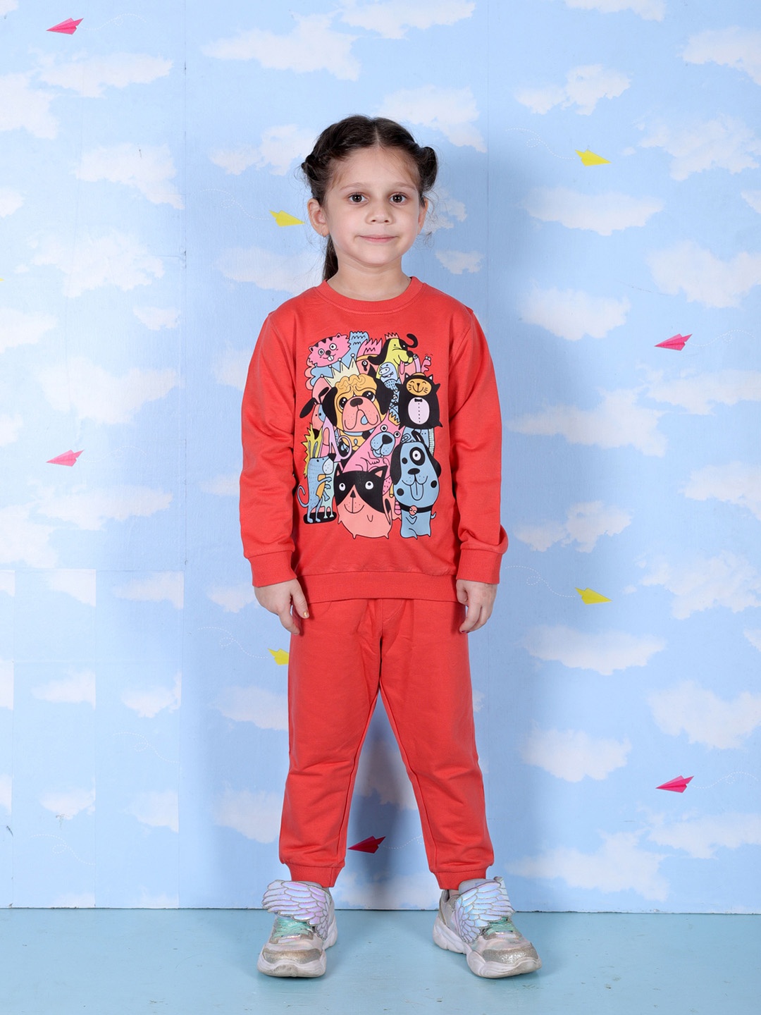 

The Mom Store Girls Printed Pure Cotton T-shirt with Trousers, Red