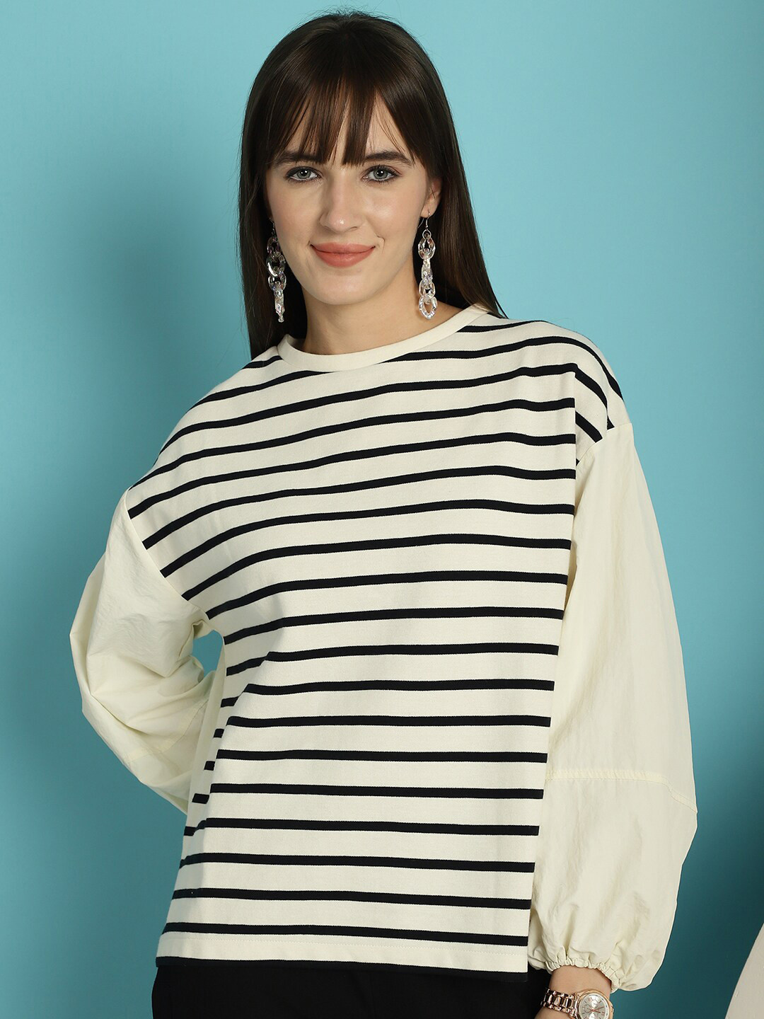 

NoBarr Striped Drop Shoulder Puff Sleeves Cotton Top, Cream