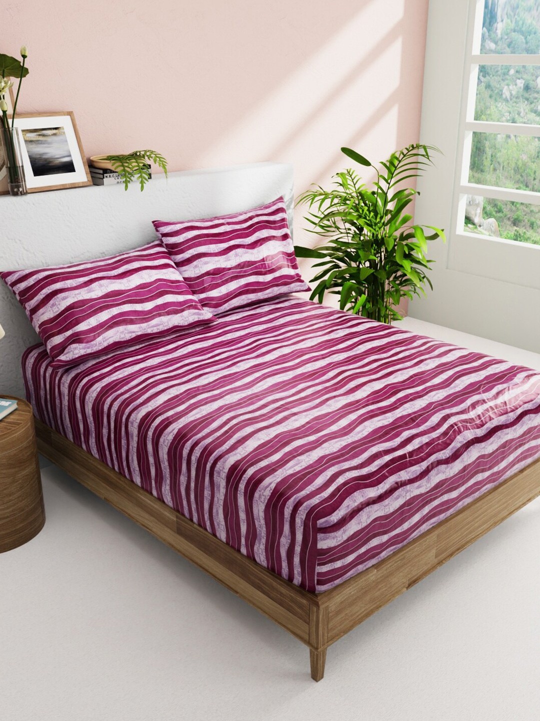

BIANCA Essenza Burgundy Striped Pure Cotton 144 TC Queen Bedsheet With 2 Pillow Covers