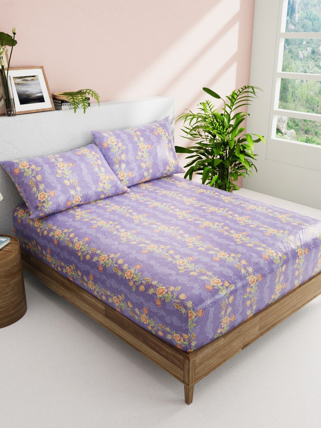 

BIANCA Purple & Green Printed Cotton 144 TC Queen Bedsheet with 2 Pillow Covers