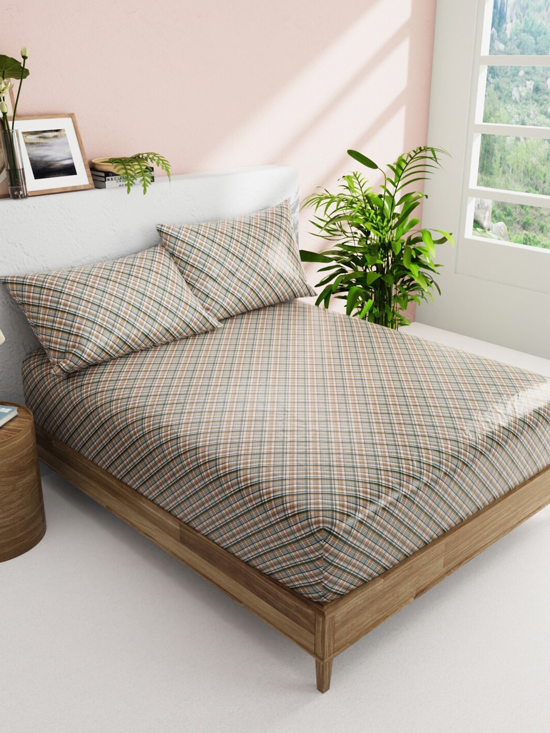 

BIANCA Green & White Geometric Pure Cotton 144 TC Queen Bedsheet with 2 Pillow Covers
