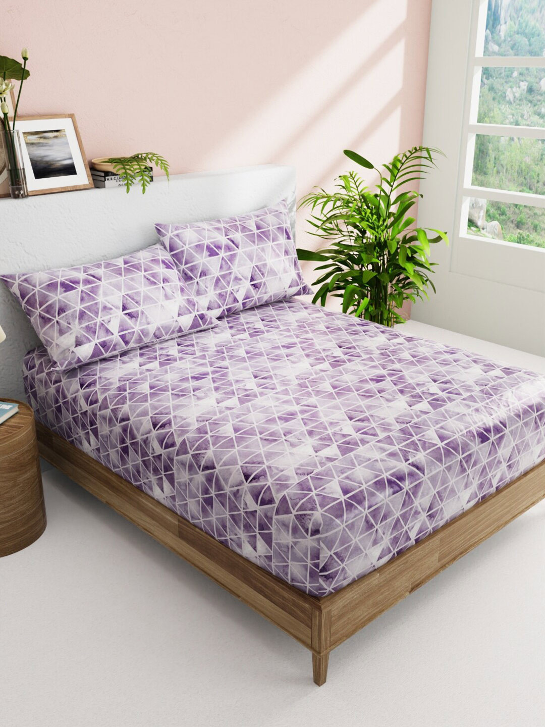 

BIANCA Purple & White Printed Cotton 144 TC Queen Bedsheet with 2 Pillow Covers