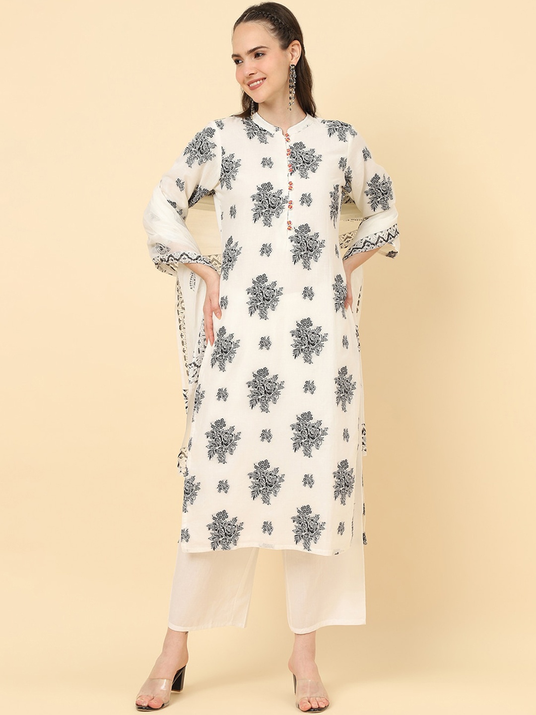 

Varanga Floral Printed Pure Cotton Kurta with Trousers & Dupatta, White