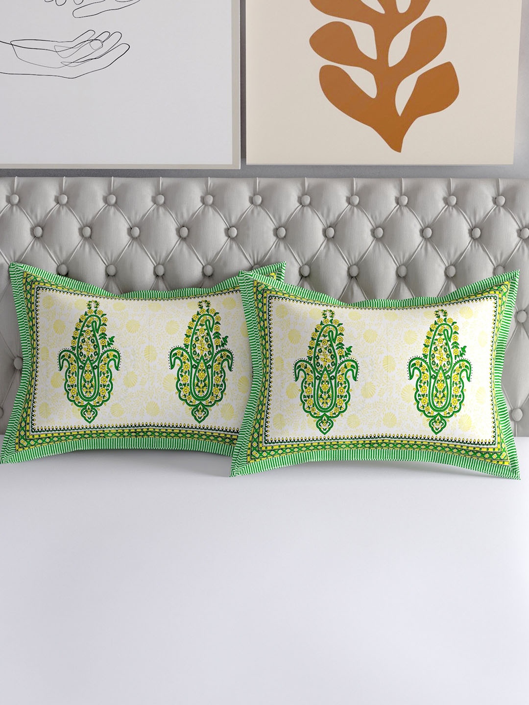 

Salona Bichona Green & Yellow 2 Pieces Printed Pure Cotton Pillow Covers