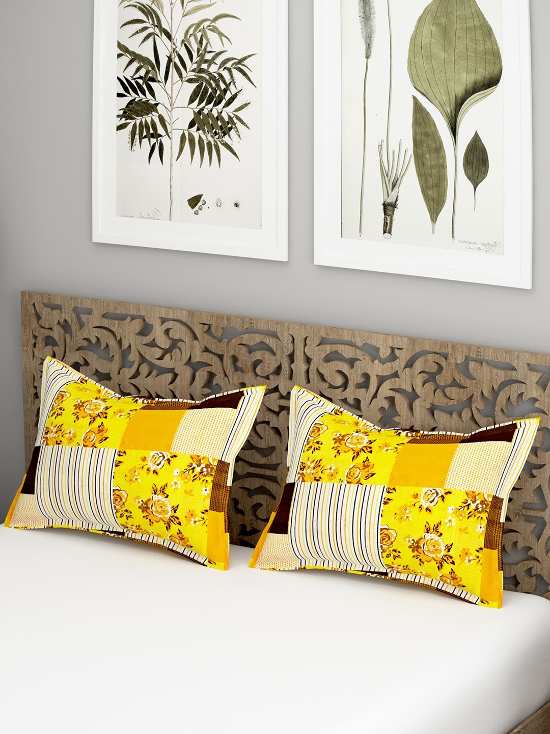 

Salona Bichona Yellow 2 Pieces Floral Printed 104 TC Pure Cotton Pillow Covers