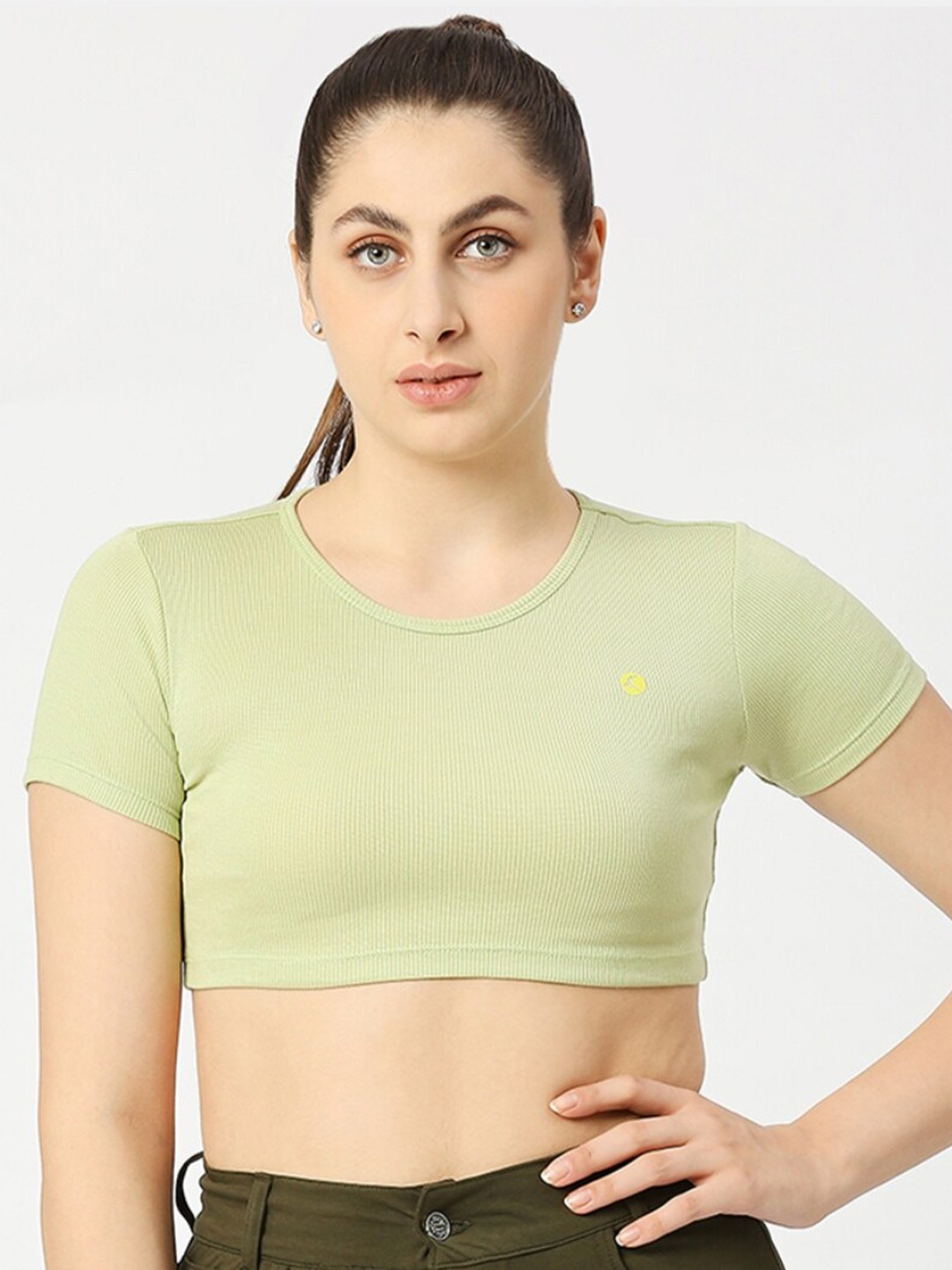 

Lovable Sport Round Neck Ribbed Fitted Crop Top, Green