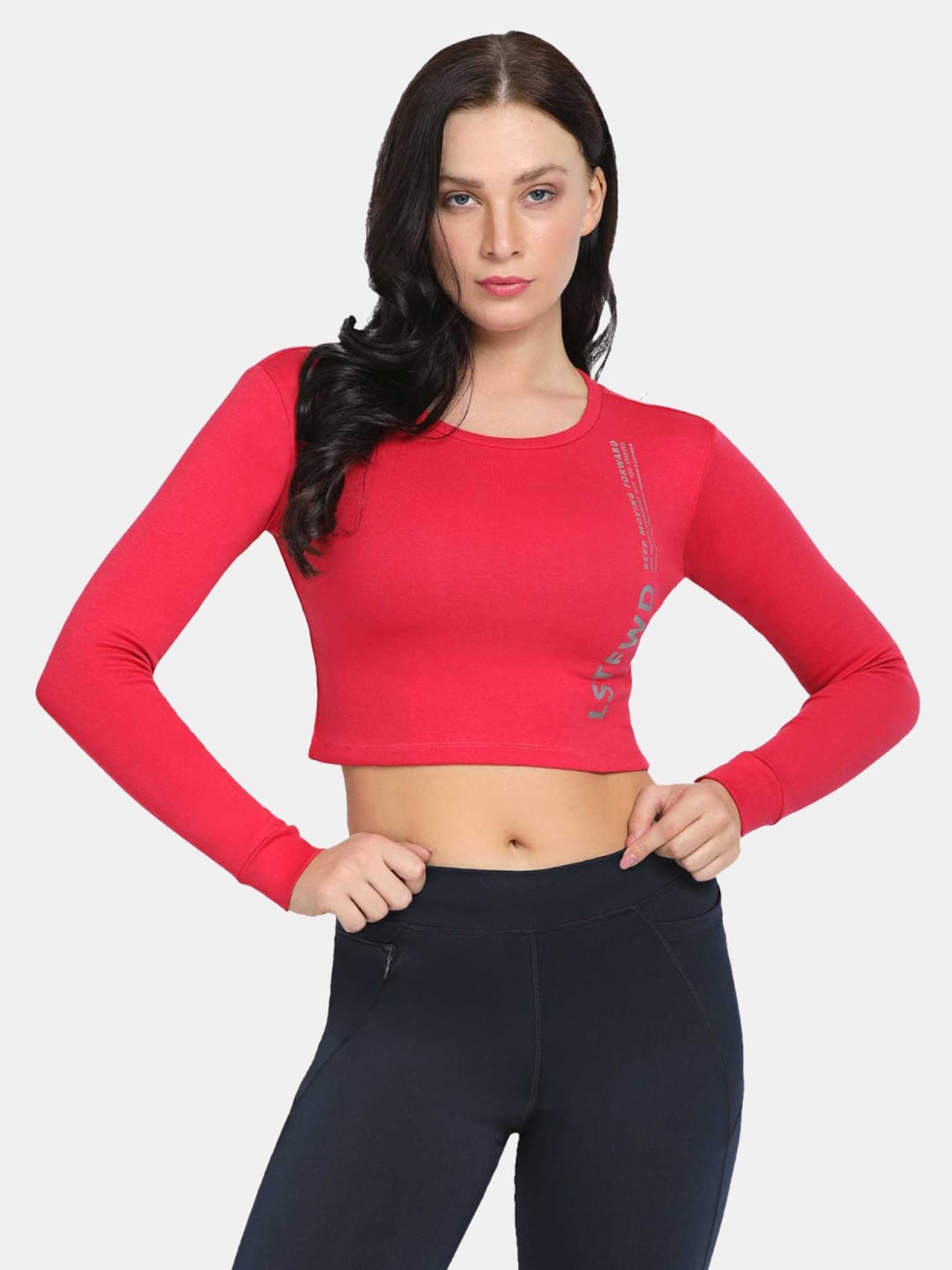 

Lovable Sport Typography Printed Round Neck Long Sleeves Fitted Crop Top, Pink