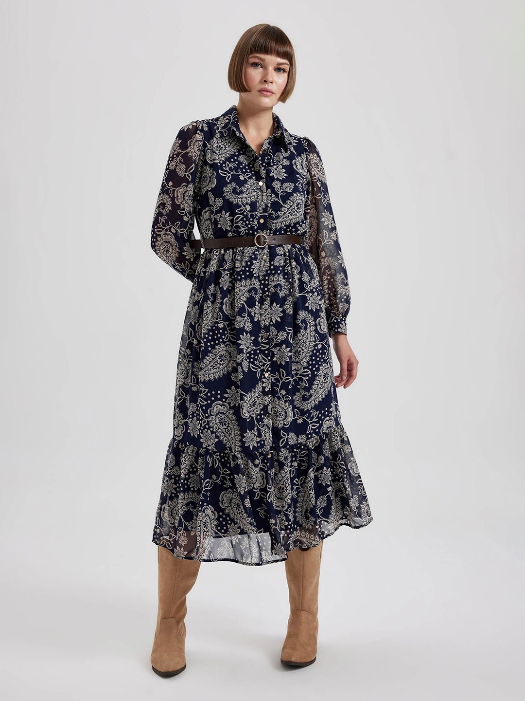 

DeFacto Ethnic Motifs Printed Shirt Midi Dress, Navy blue