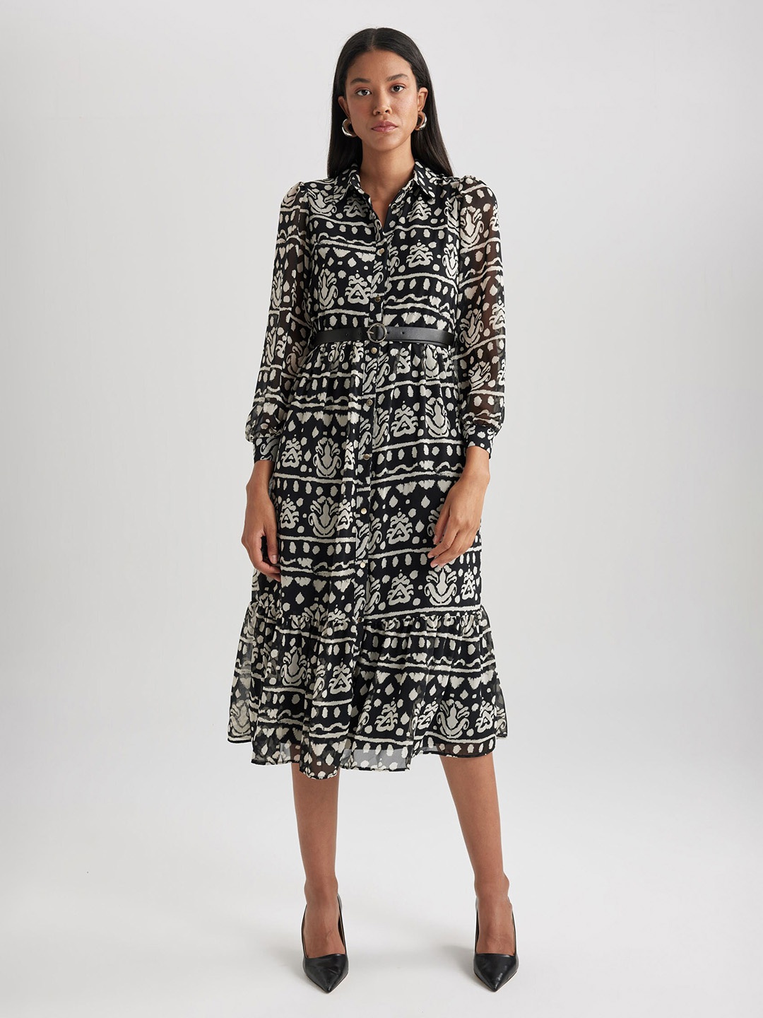 

DeFacto Floral Print Shirt Midi Dress, Black