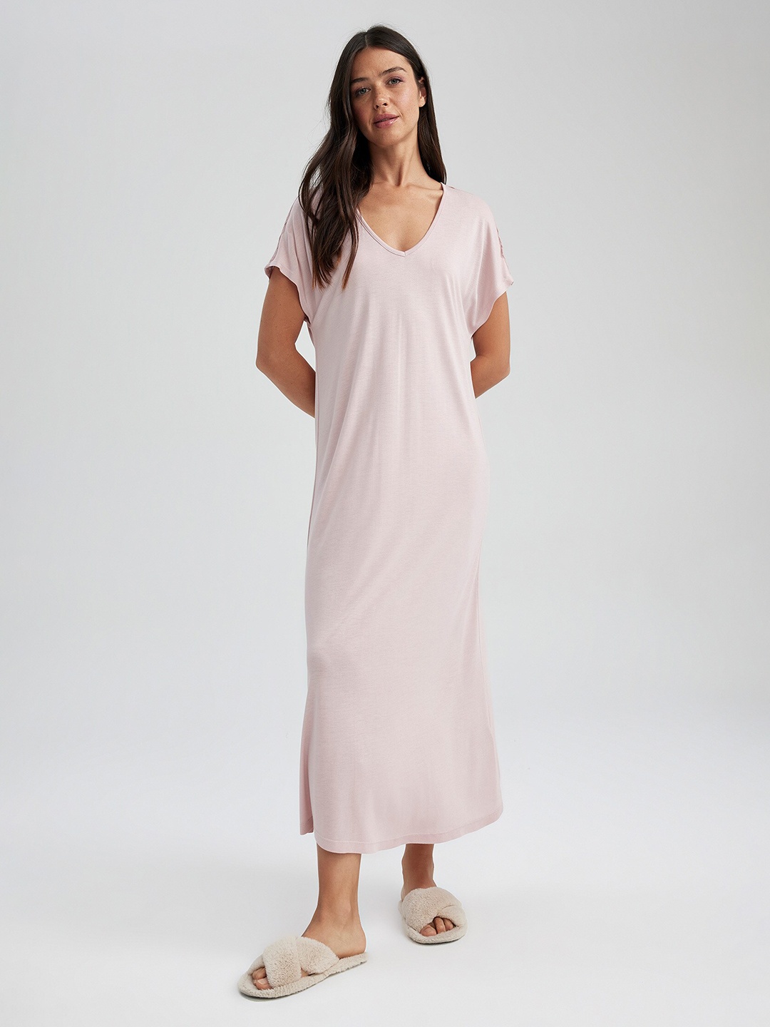 

DeFacto V- Neck T-Shirt Nightdress, Beige