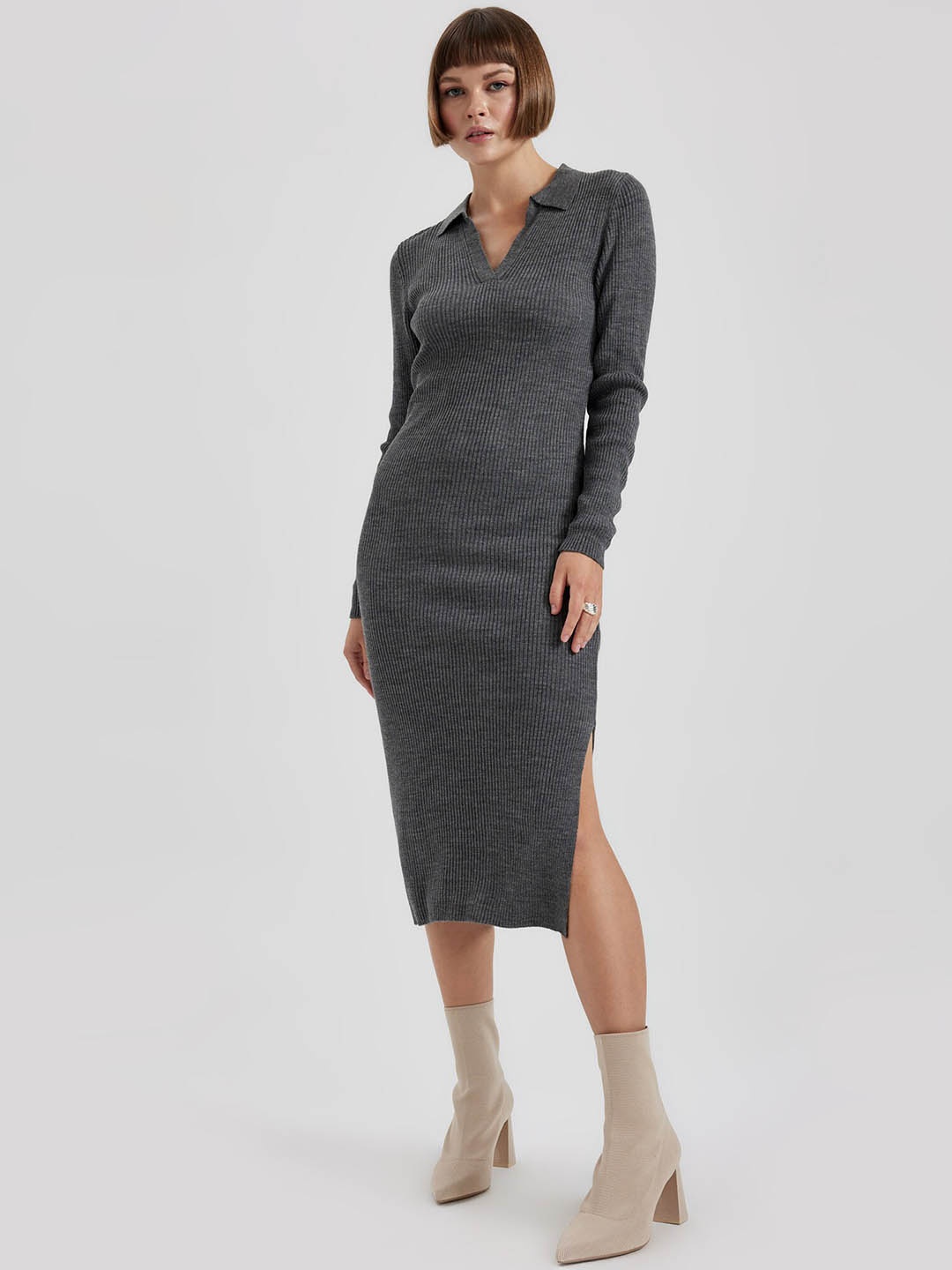 

DeFacto Shirt Collar Midi Bodycon Dress, Charcoal