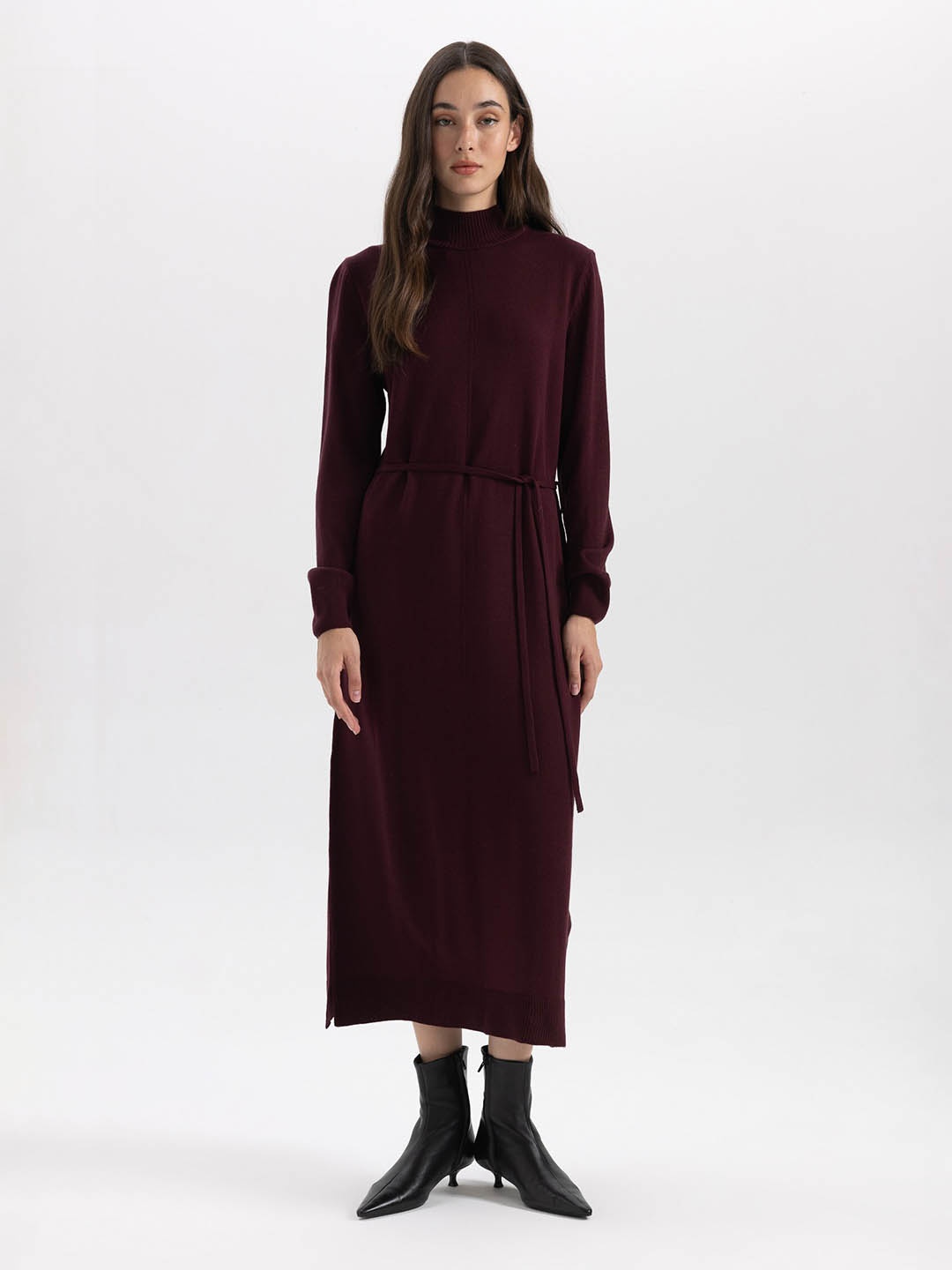 

DeFacto Ribbed Mock Neck Acrylic Midi Jumper Dress, Burgundy