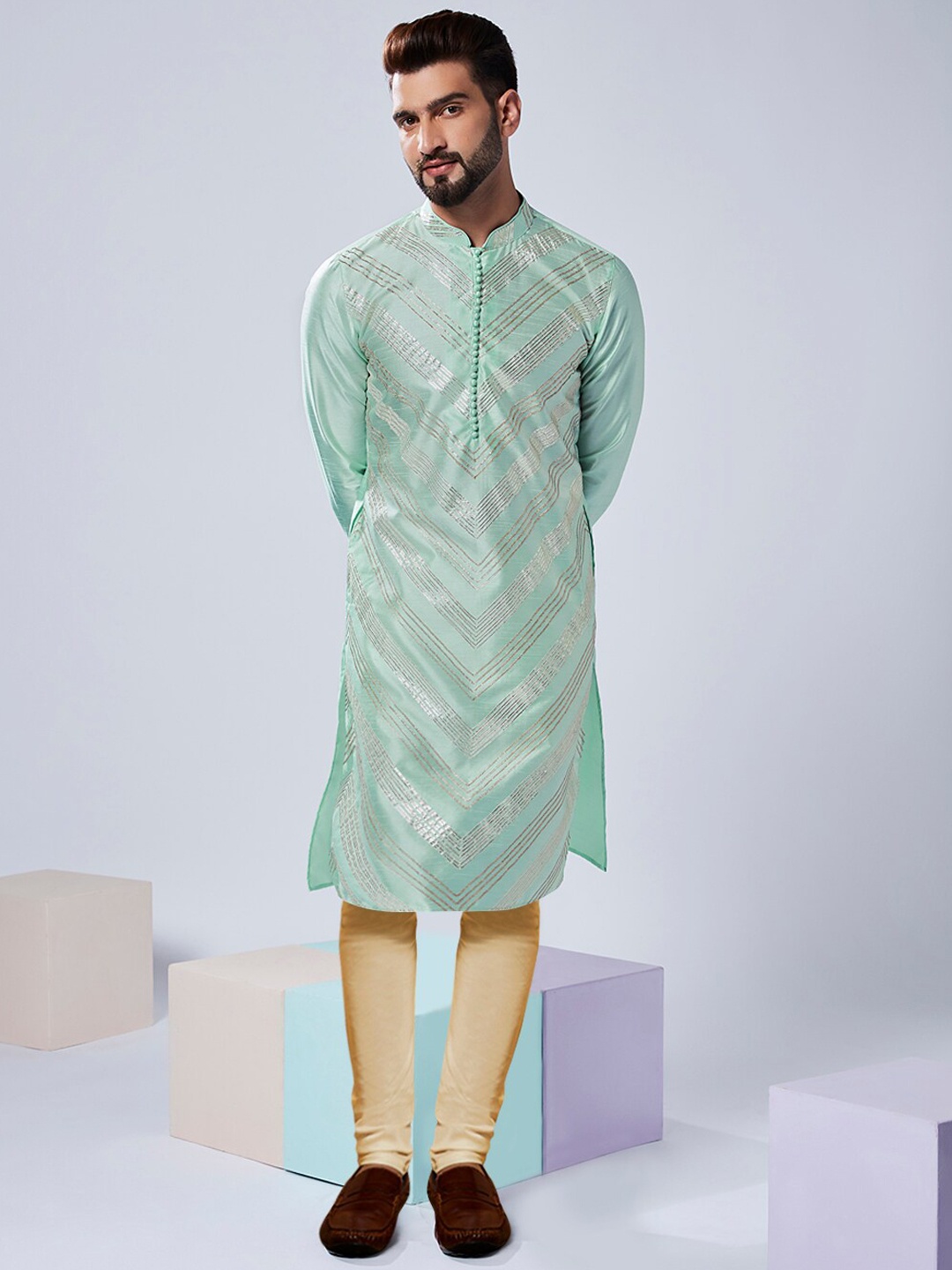 

KISAH Striped Embroidered Mandarin Collar Straight Kurta & Churidar, Sea green