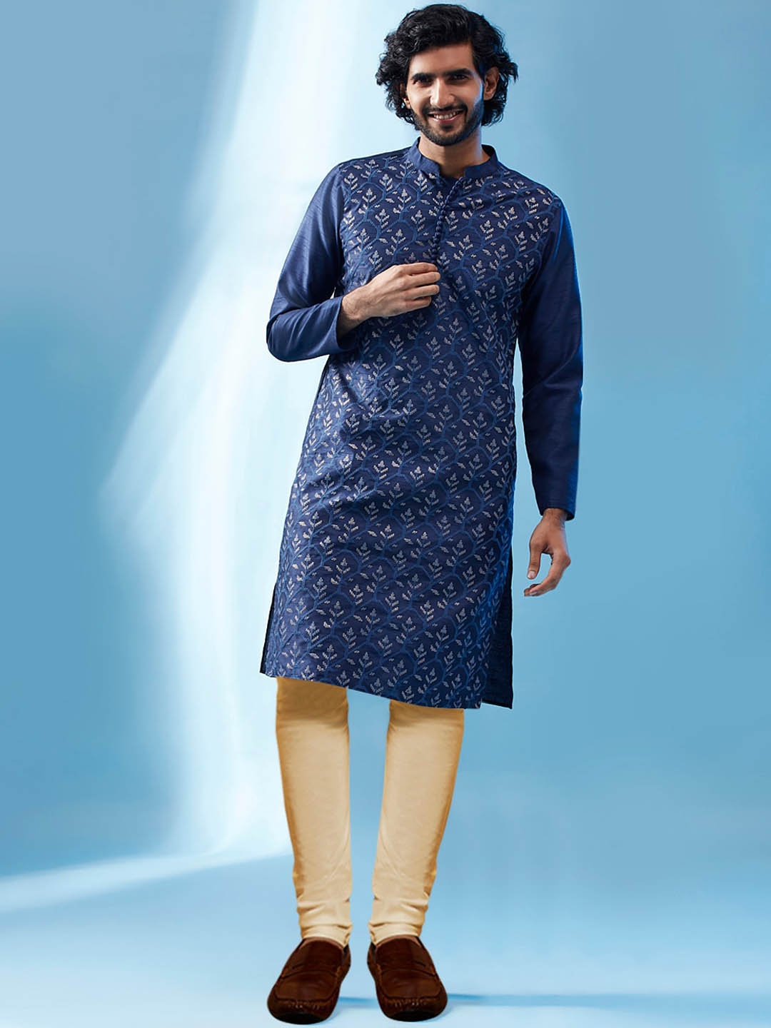 

KISAH Ethnic Motifs Embroidered Mandarin Collar Sequined Straight Kurta & Churidar, Blue