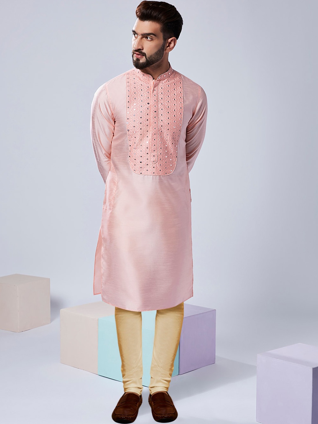 

KISAH Yoke Design Regular Mirror Work Kurta with Churidar, Pink
