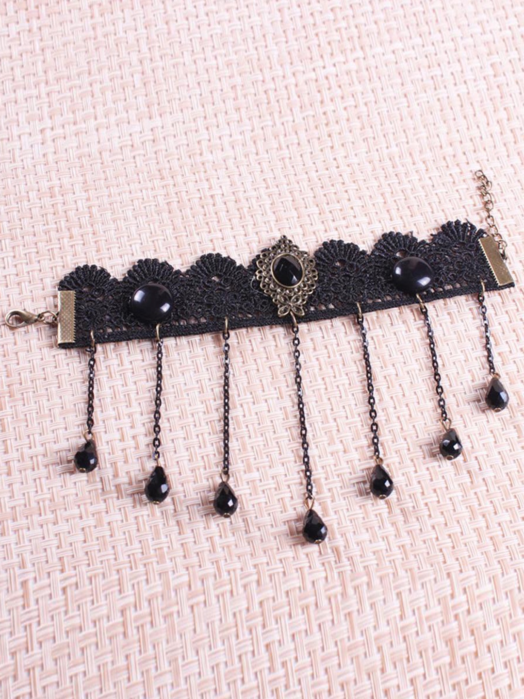 

Lyla Stone-Studded & Beaded Anklet, Black