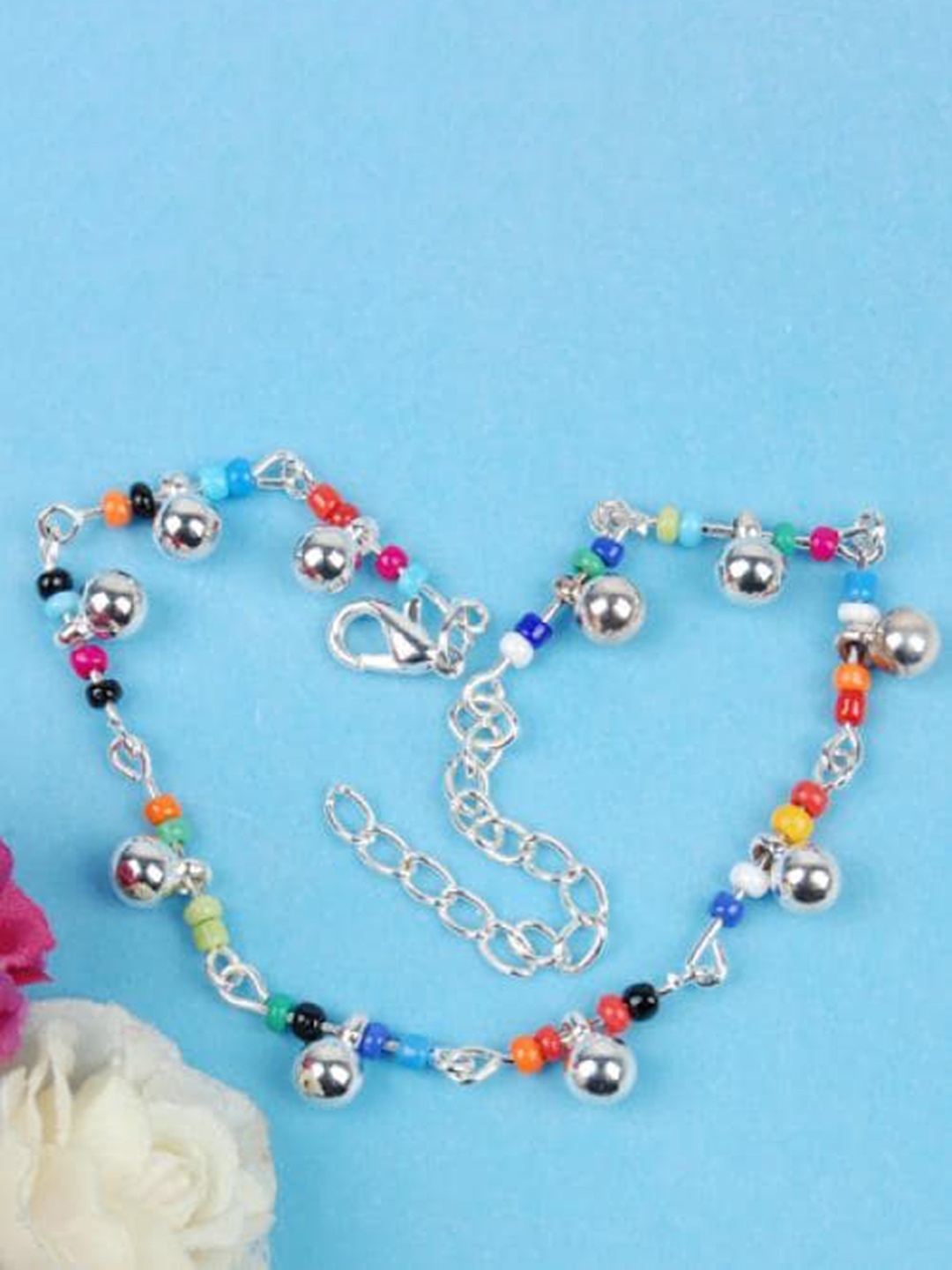 

Lyla Bell-Shaped Detail Beaded Anklet, Silver