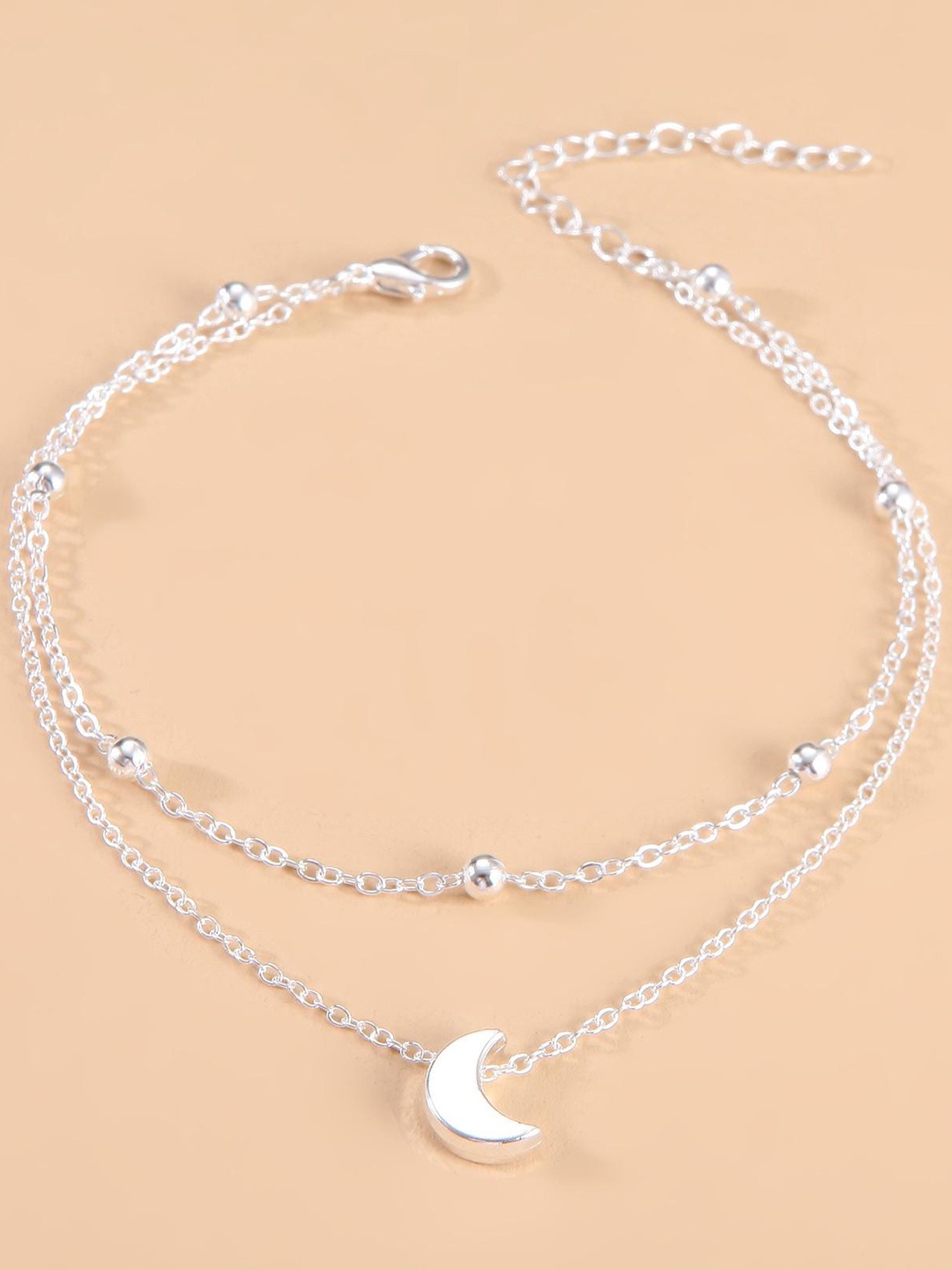 

Lyla Beaded Intricate Textured Half Moon Charm Anklet, Silver
