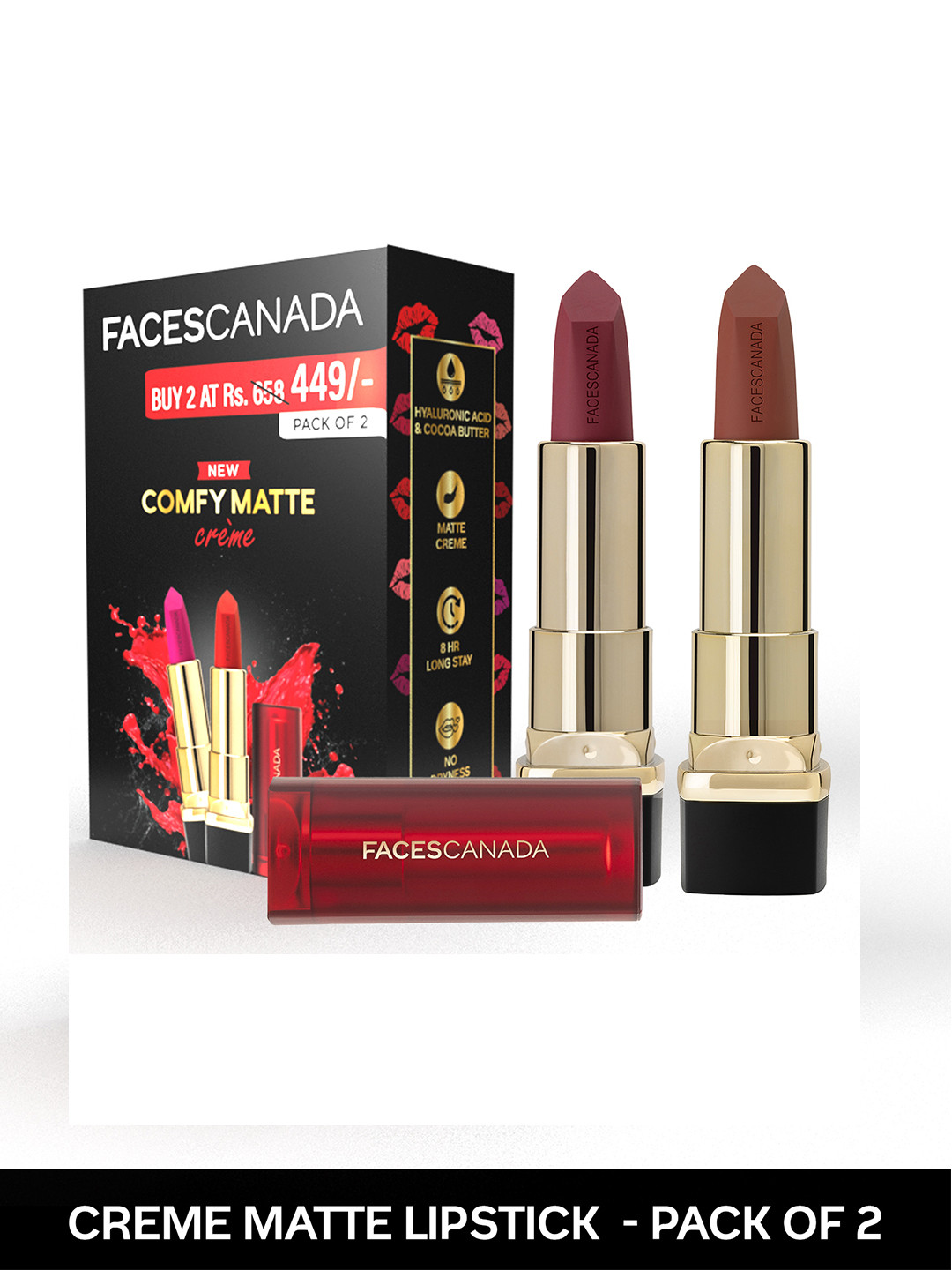 

FACES CANADA Set Of 2 Comfy Matte Creme Lipstick - Sip Of Wine 06 & Back To Basics 14, Maroon