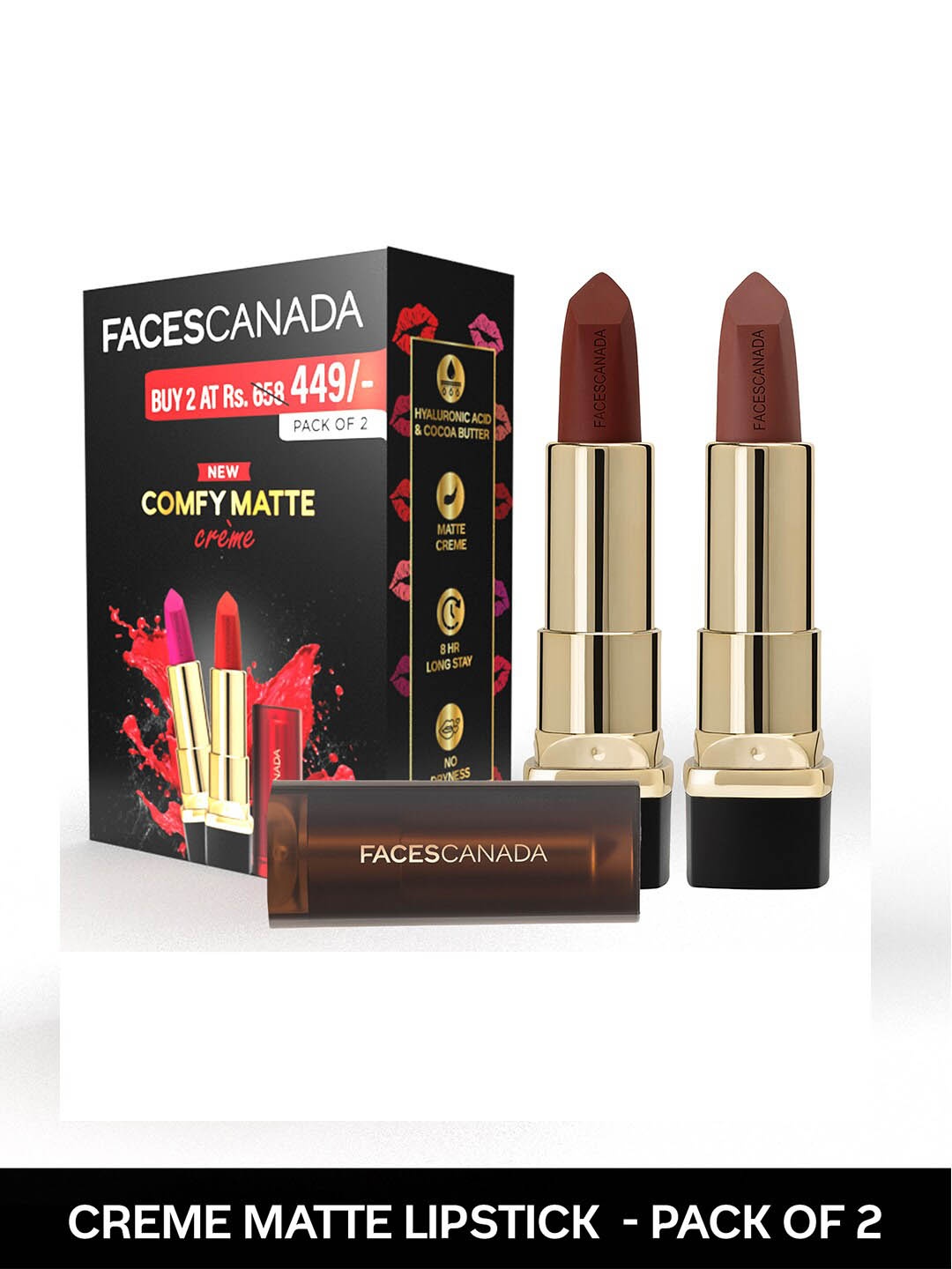 

FACES CANADA Set Of 2 Comfy Matte Creme Lipstick - Dont You Mind 09 & Nuts About You 13, Brown