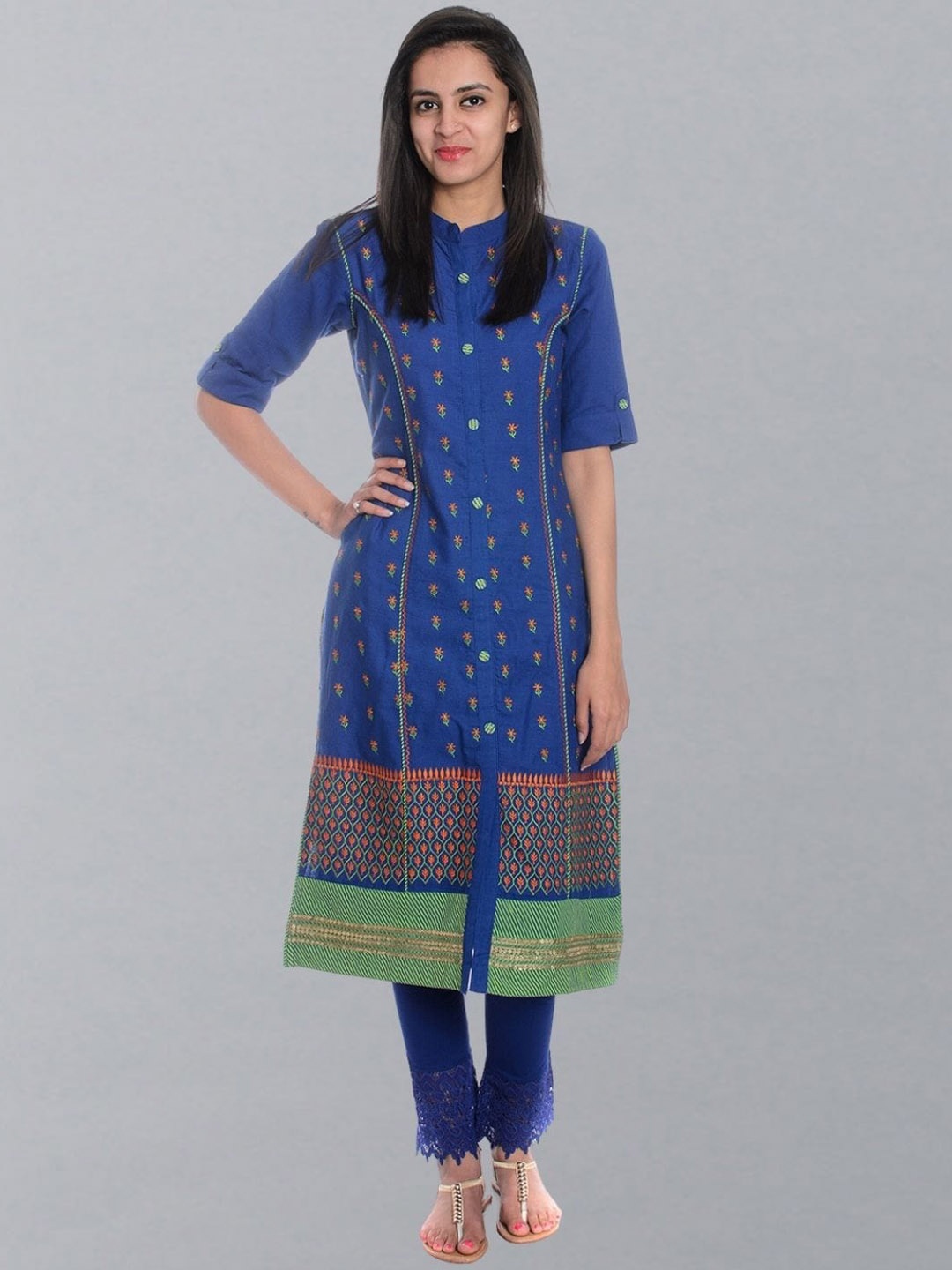 

Geroo Jaipur Ethnic motifs Embroidered Mandarin Collar Pure Cotton A-Line Kurta, Blue