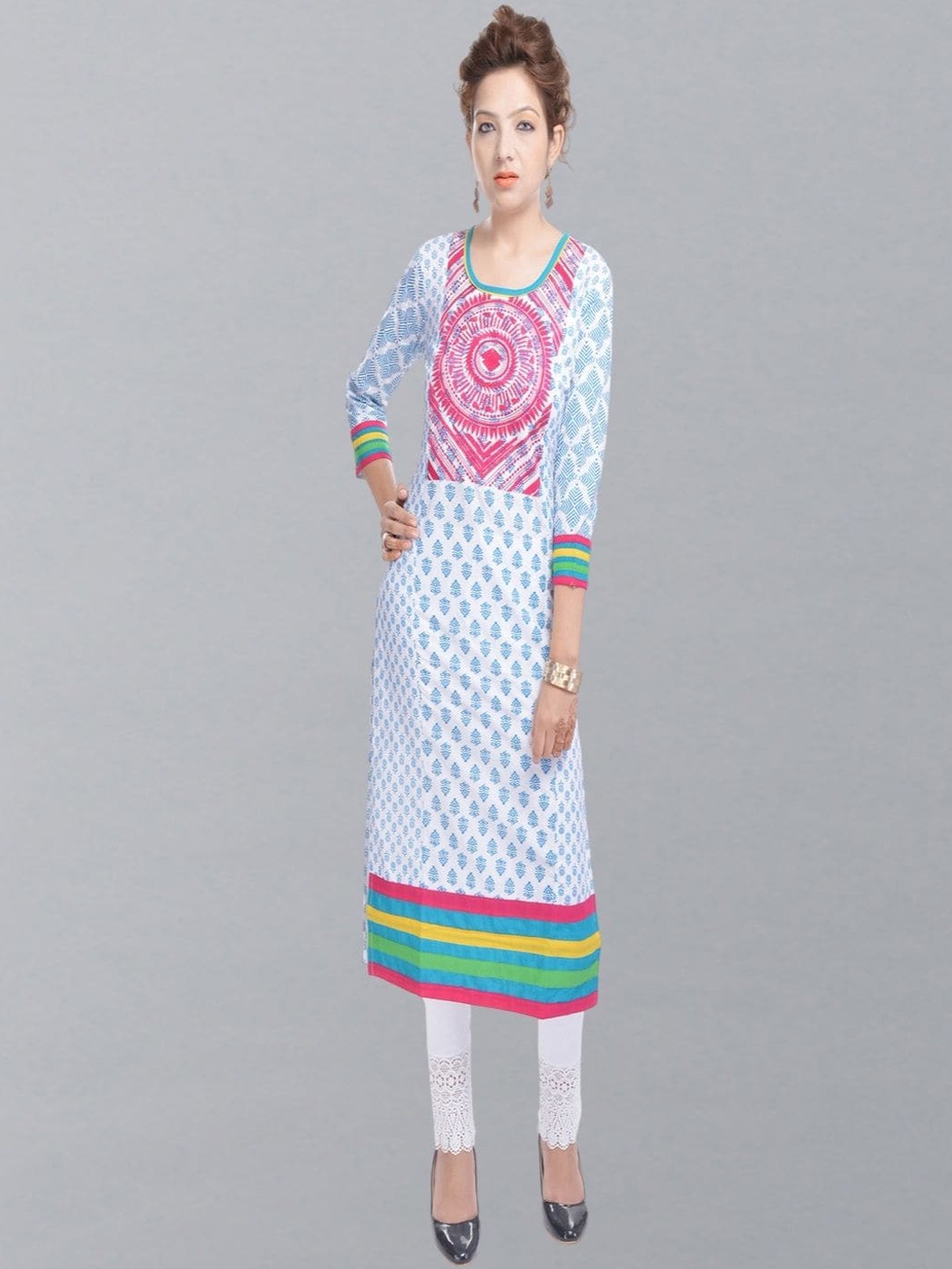 

Geroo Jaipur Ethnic Motifs Printed Cotton Panelled Straight Kurta, White
