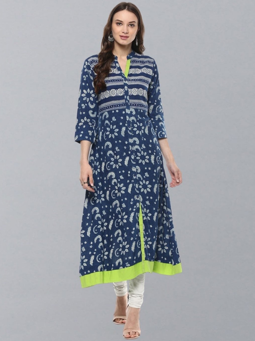 

Geroo Jaipur Ethnic Motifs Printed Cotton A-Line Kurta, Blue