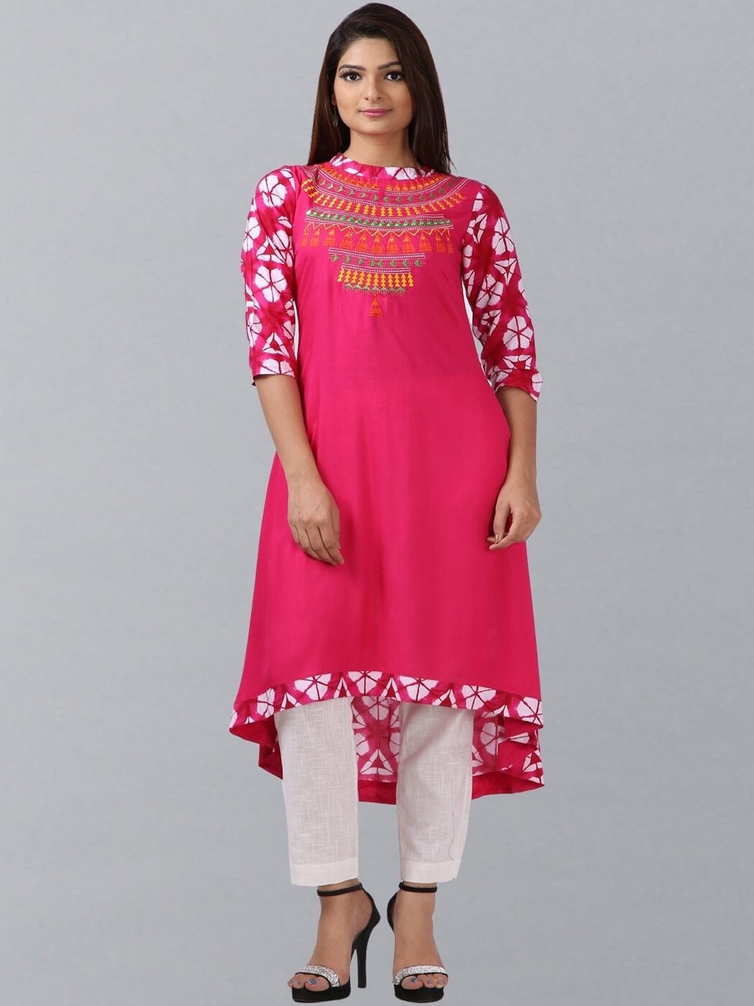 

Geroo Jaipur Printed Thread Work A-Line High Low Kurta, Pink