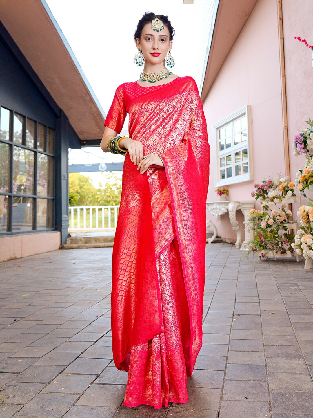 

Anouk Pink & Gold-Toned Ethnic Motifs Woven Design Zari Kanjeevaram Saree