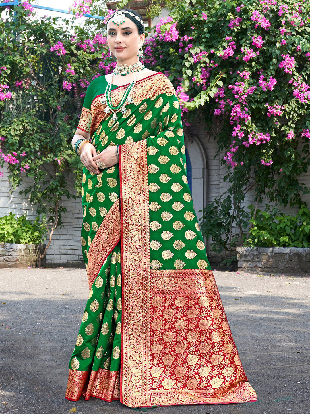 

Anouk Green & Red Ethnic Motifs Woven Design Zari Banarasi Saree