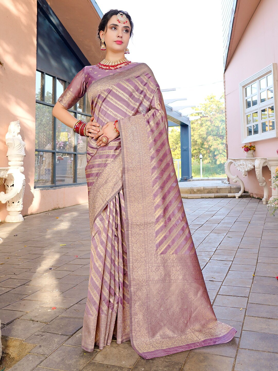 

Anouk Pink & Gold-Toned Ethnic Motifs Woven Design Zari Kanjeevaram Saree