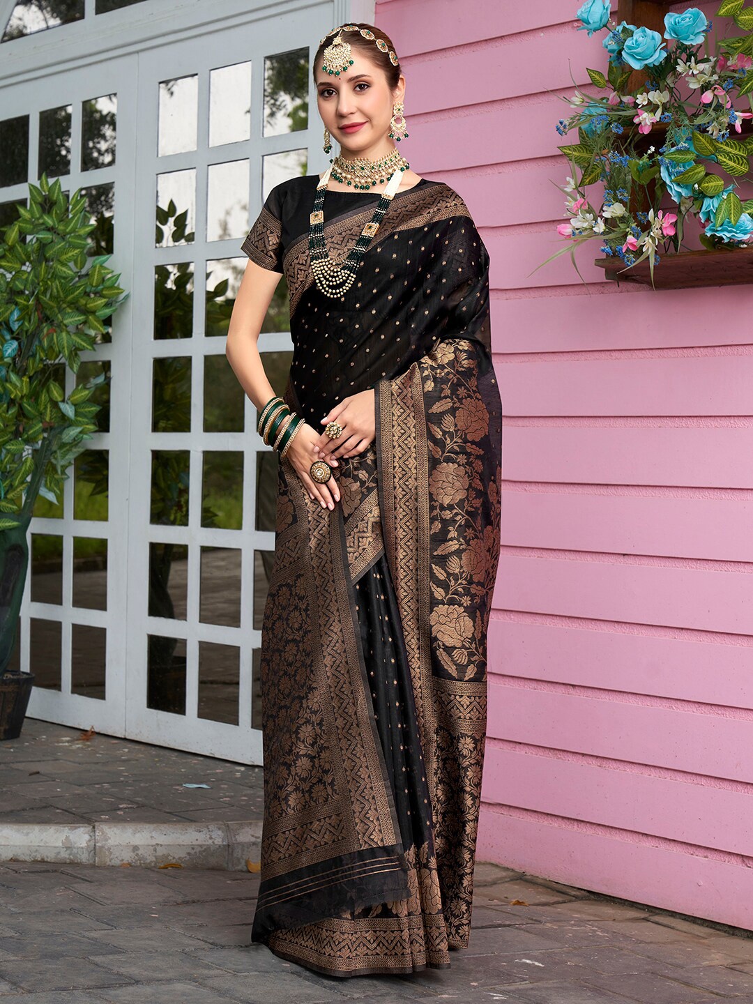 

Anouk Black Ethnic Motifs Woven Designed Zari Saree