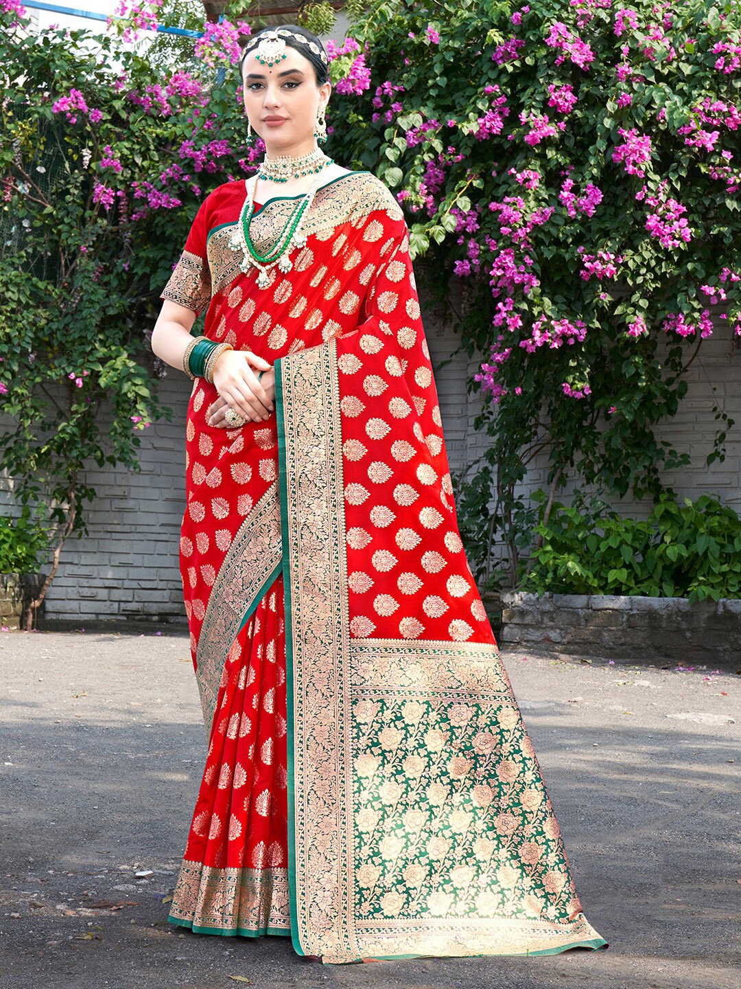 

Anouk Red & Gold-Toned Ethnic Motifs Woven Design Zari Banarasi Saree